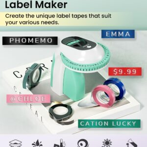 Phomemo Embossing Label Maker Machine with Tapes, Portable Retro Embossed Label Maker Writer, Mini Embosser Label Maker with 6 Rolls Embossing Label Tapes for Home,Office DIY and Crafting -Green