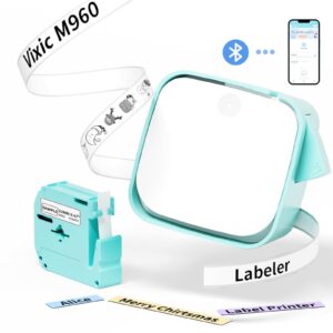 vixic bluetooth label maker machine with tape, 2024 upgrade version m960 mini small label printer, wireless labeler makers with multiple templates sticker for organizing office home, green