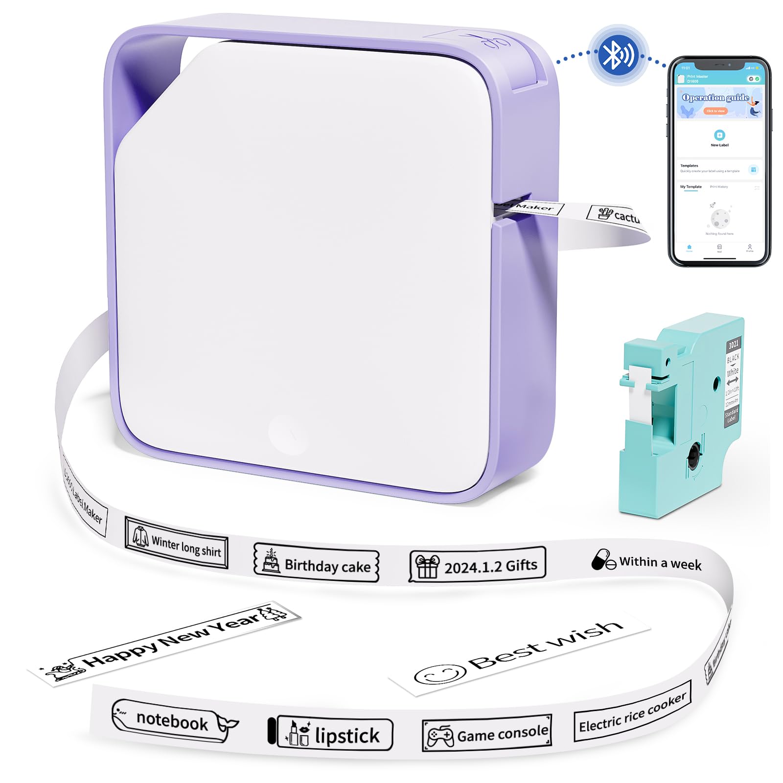 Vixic Label Maker Machine with Tape, Mini Portable Purple Label Maker Printer D1600 Connected Smartphone via Bluetooth, Multiple Stickers, Fonts, Borders for Home/School/Office Organization