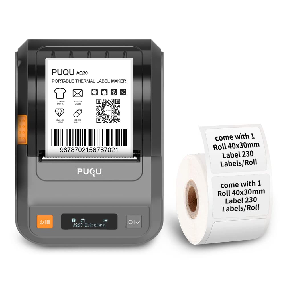 PUQU AQ20 Label Maker - Portable Label Maker Bluetooth Wireless Thermal Label Printer for Clothing, Jewelry, Retail, Cable, Mailing, Barcode and More, Compatible with Android & iOS System, Black