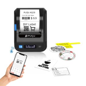 puqu aq20 label maker, 2 inch logo label printer, mini portable bluetooth thermal labeler, diy sticker machine for small business, barcode, office, name, jewelry, compatible with ios android, phone