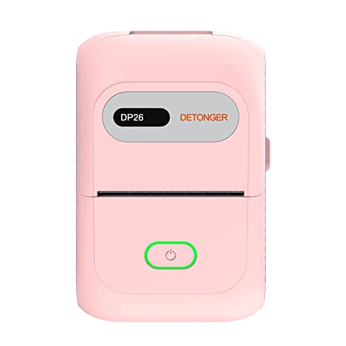 DETONGER Label Maker Machine with Tape, DP26 Bluetooth Label Printer, Small Smart Phone Handheld Sticker Mini Labeler, Easy to Use Inkless Office Home Organization USB Rechargeable (Pink)