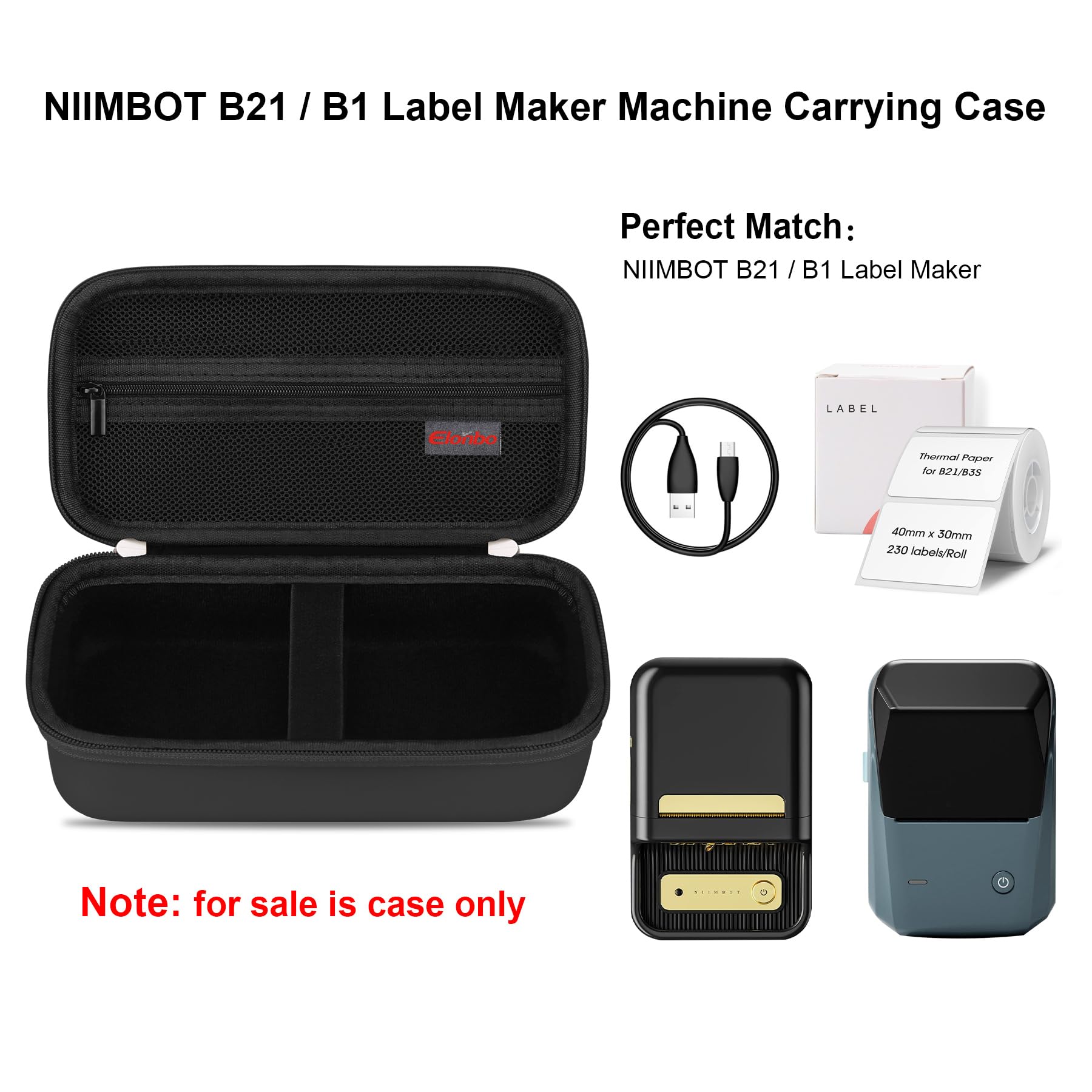 Elonbo Carrying Case for NIIMBOT B21 / B1 Label Maker Machine, Portable Mini Wireless Bluetooth Label Printer Travel Bag, Small Handheld Labeler Storage Holder, Mesh Pocket Fits Label Paper, Black