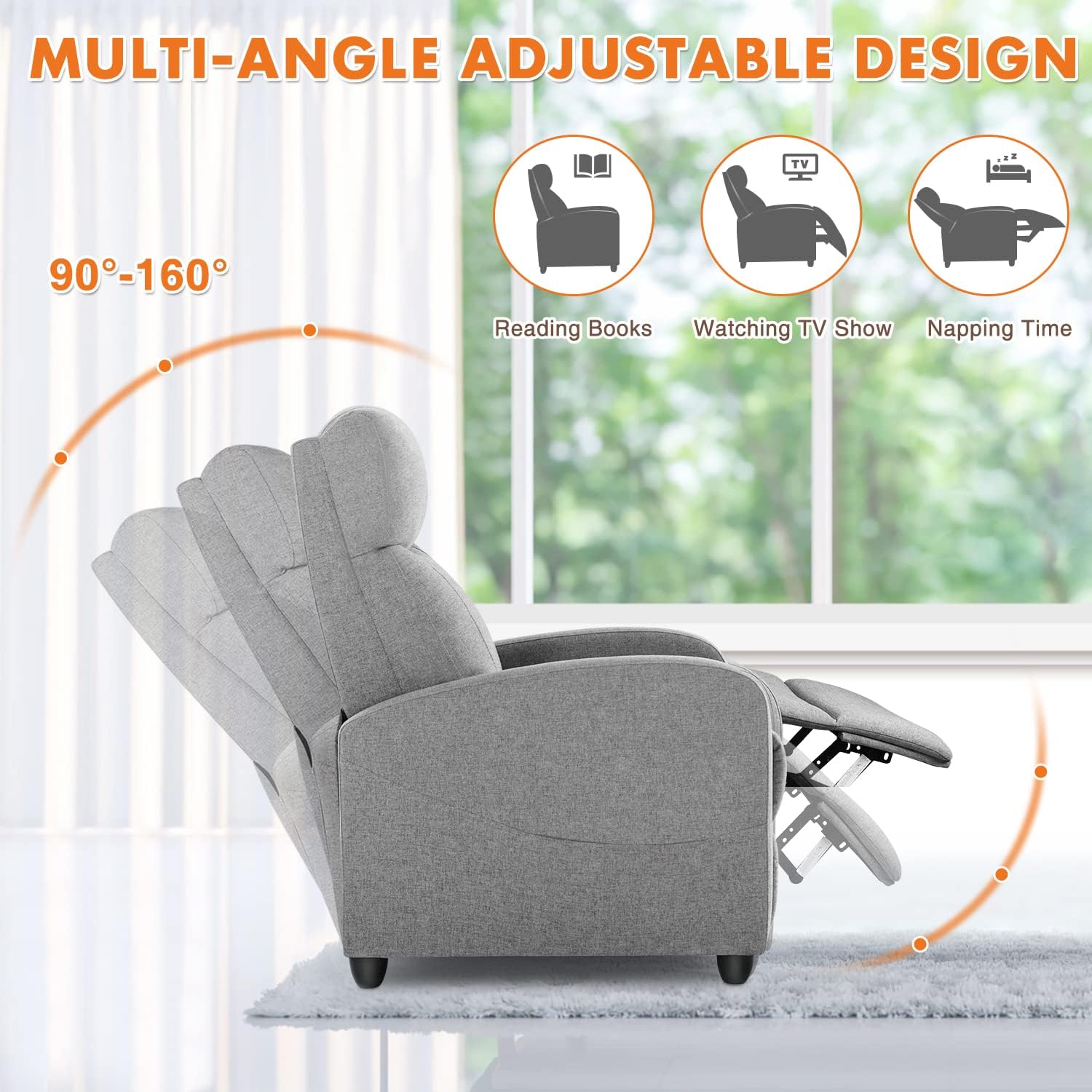 Sweetcrispy Adults Massage Fabric Small Sofa Home Theater Lumbar Support, Adjustable Modern Reclining Chair with Padded Seat Backrest for Living Room (Light Grey)