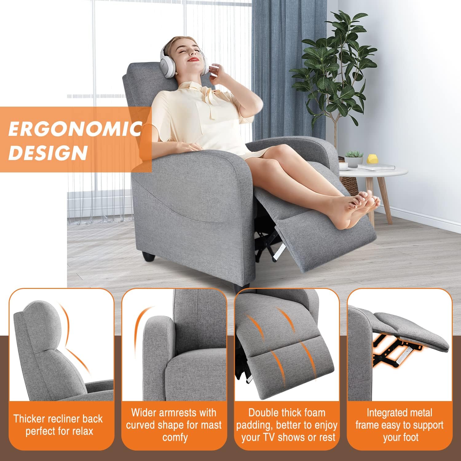 Sweetcrispy Adults Massage Fabric Small Sofa Home Theater Lumbar Support, Adjustable Modern Reclining Chair with Padded Seat Backrest for Living Room (Light Grey)