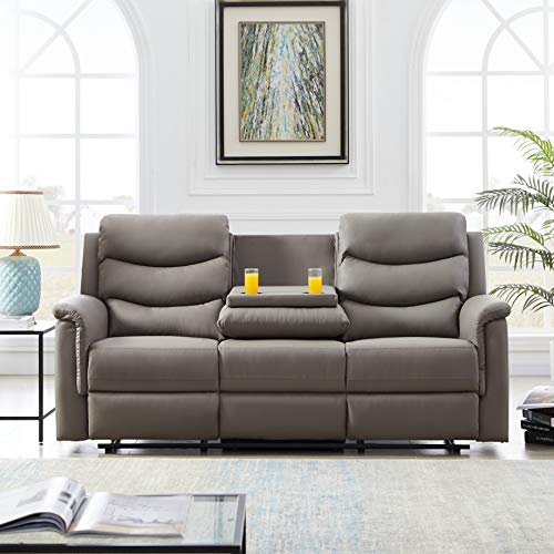 Verfur Double Recliner RV Sofa with Console |Faux Leather Motion 2 Cup Holders, 3-Seater Loveseat Couches with Flipped Middle Backrest, Home Theater Seating Living Room Furniture Sets, Grey 77.5"