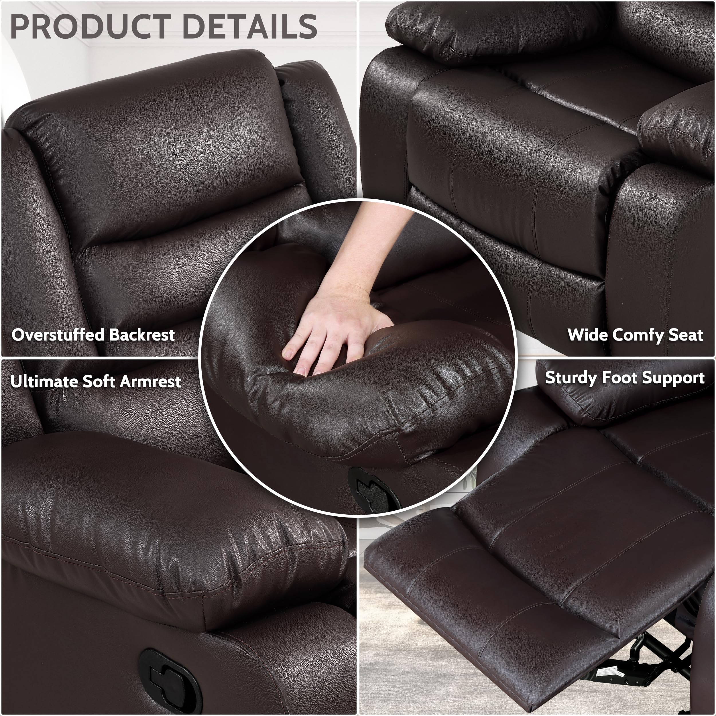 PrimeZone Oversized Rocker Recliner Chair - Comfy Wide Lazy Boy Recliner Chair with Overstuffed Armrest, Faux Leather Manual Reclining Chair for Living Room, Bedroom, Home Theater Seating, Brown