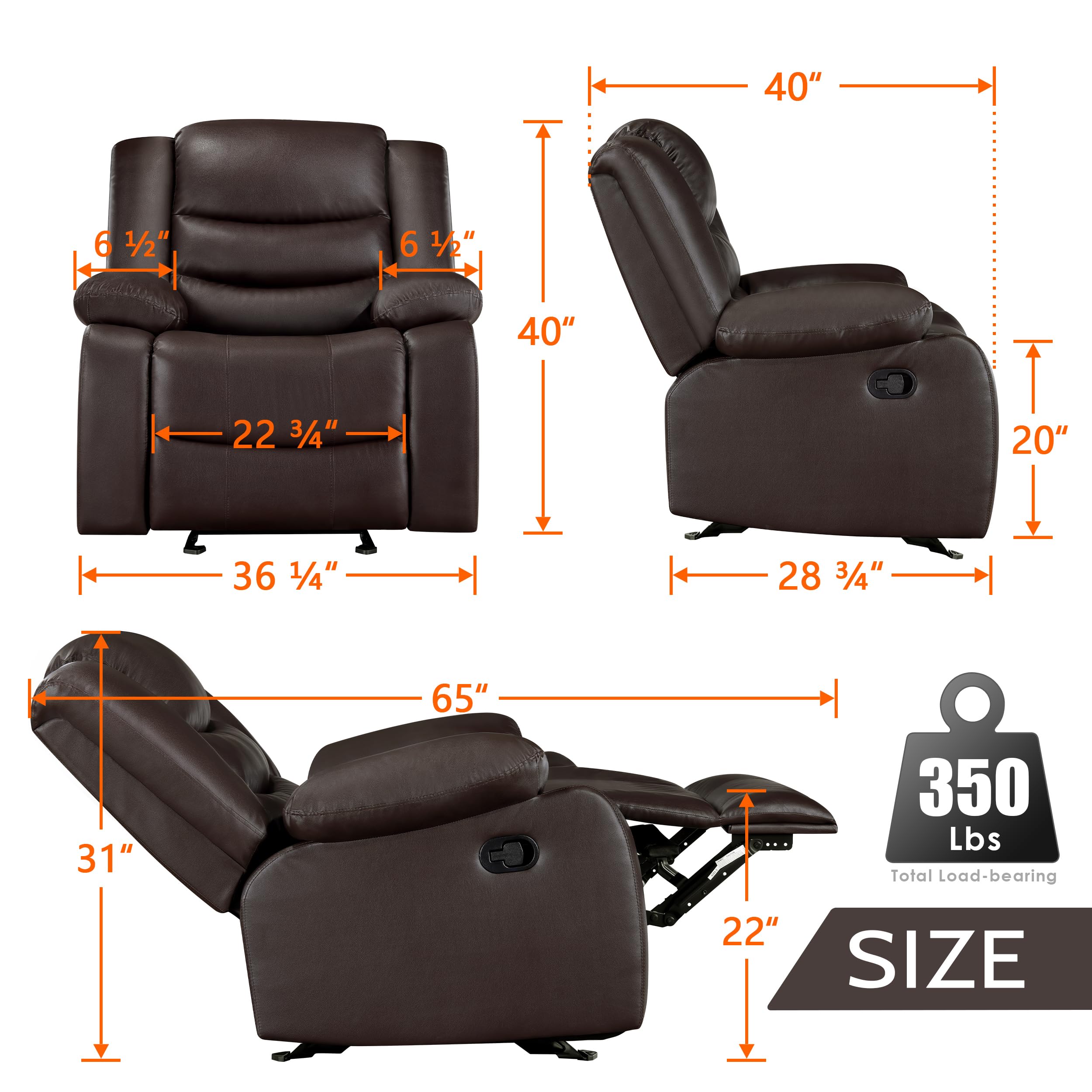 PrimeZone Oversized Rocker Recliner Chair - Comfy Wide Lazy Boy Recliner Chair with Overstuffed Armrest, Faux Leather Manual Reclining Chair for Living Room, Bedroom, Home Theater Seating, Brown