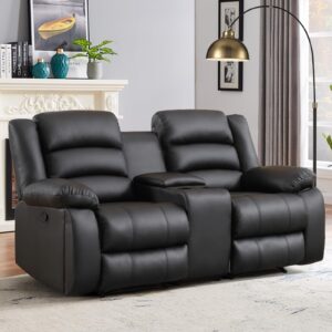 EBELLO Faux Leather Manual Loveseat Recliner, Reclining Sofa Chair with 2 Concealed Cup Holders, Hidden Storage, Overstuffed Armrest Couch Set for Living Room, Bedroom, Meeting Room, Black (Loveseat)