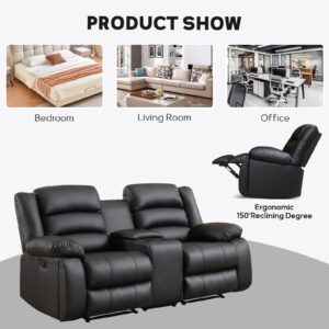 EBELLO Faux Leather Manual Loveseat Recliner, Reclining Sofa Chair with 2 Concealed Cup Holders, Hidden Storage, Overstuffed Armrest Couch Set for Living Room, Bedroom, Meeting Room, Black (Loveseat)