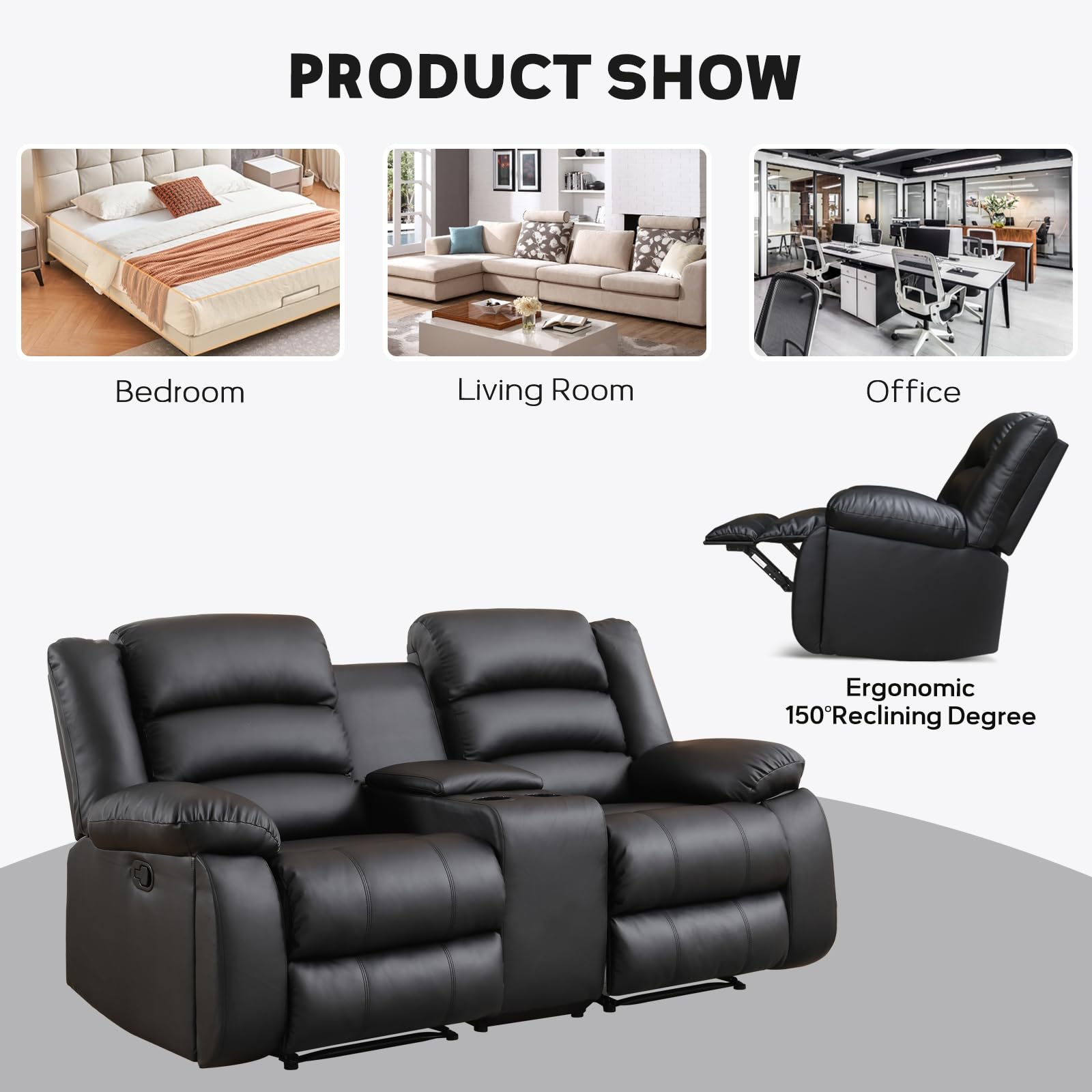 EBELLO Faux Leather Manual Loveseat Recliner, Reclining Sofa Chair with 2 Concealed Cup Holders, Hidden Storage, Overstuffed Armrest Couch Set for Living Room, Bedroom, Meeting Room, Black (Loveseat)