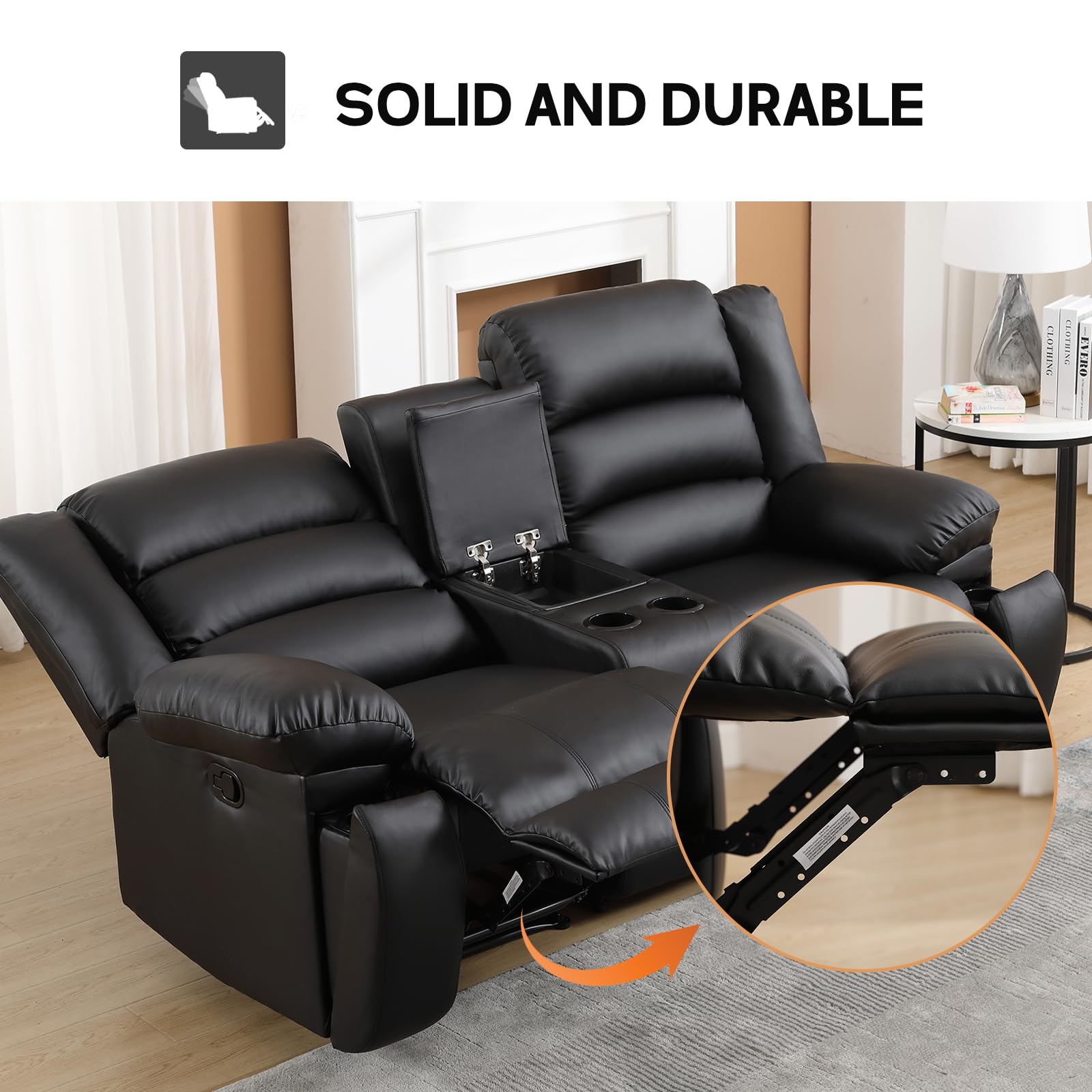 EBELLO Faux Leather Manual Loveseat Recliner, Reclining Sofa Chair with 2 Concealed Cup Holders, Hidden Storage, Overstuffed Armrest Couch Set for Living Room, Bedroom, Meeting Room, Black (Loveseat)