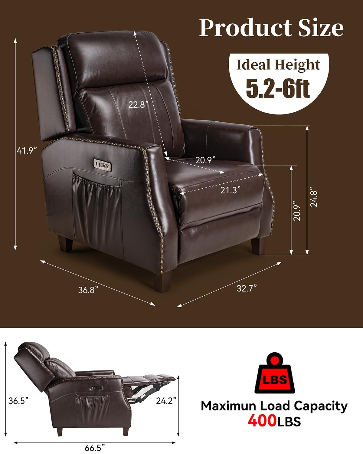 Genuine Leather Recliner Chair, Power Recliner Built-in High Elastic Sponge, Power Recliner Chair for Living Room, Home Theater, Bedroom, Office - Dark Brown