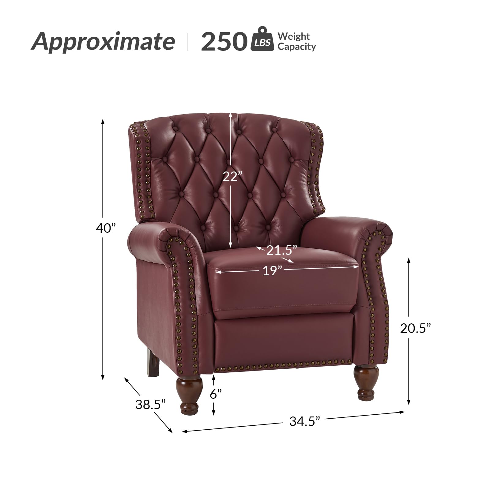 HULALA HOME Genuine Leather Recliner Chair with Solid Wood Feet, Modern Adjustable Tufted Push Back Arm Chair w/Rivet Decoration, Home Theater Seating Single Reclining Sofa for Living Room, BURGUNDY