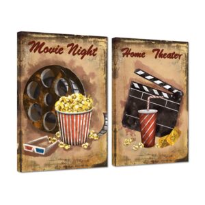 iHAPPYWALL 2 Pieces Old Fashioned Cinema Wall Art Movie Night Film Clapper Popcorn Movie Reel Picture Print on Canvas for Home Theater Room Decor Ready to Hang 16x24inch2pcs