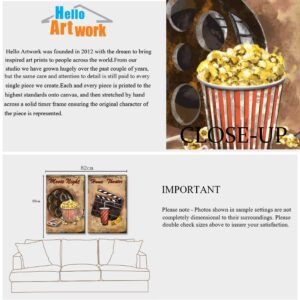 iHAPPYWALL 2 Pieces Old Fashioned Cinema Wall Art Movie Night Film Clapper Popcorn Movie Reel Picture Print on Canvas for Home Theater Room Decor Ready to Hang 16x24inch2pcs