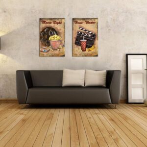 iHAPPYWALL 2 Pieces Old Fashioned Cinema Wall Art Movie Night Film Clapper Popcorn Movie Reel Picture Print on Canvas for Home Theater Room Decor Ready to Hang 16x24inch2pcs