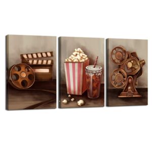 sechars - 3 piece canvas wall art classic old fashion film reels popcorn poster painting vintage bar pub home movie theater media room wall decor gallery canvas wrapped artwork (16x24inchesx3pcs)