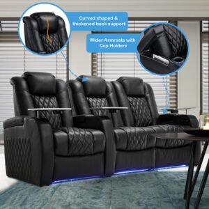 Weilianda Home Theater Seating Top Grain Leather Loveseat Recliner Chair Dual Power Movie Gaming Sofa Electric Headrest with Tray Table Type-C USB Charge (Row of 3 Loveseat Right, Black)…