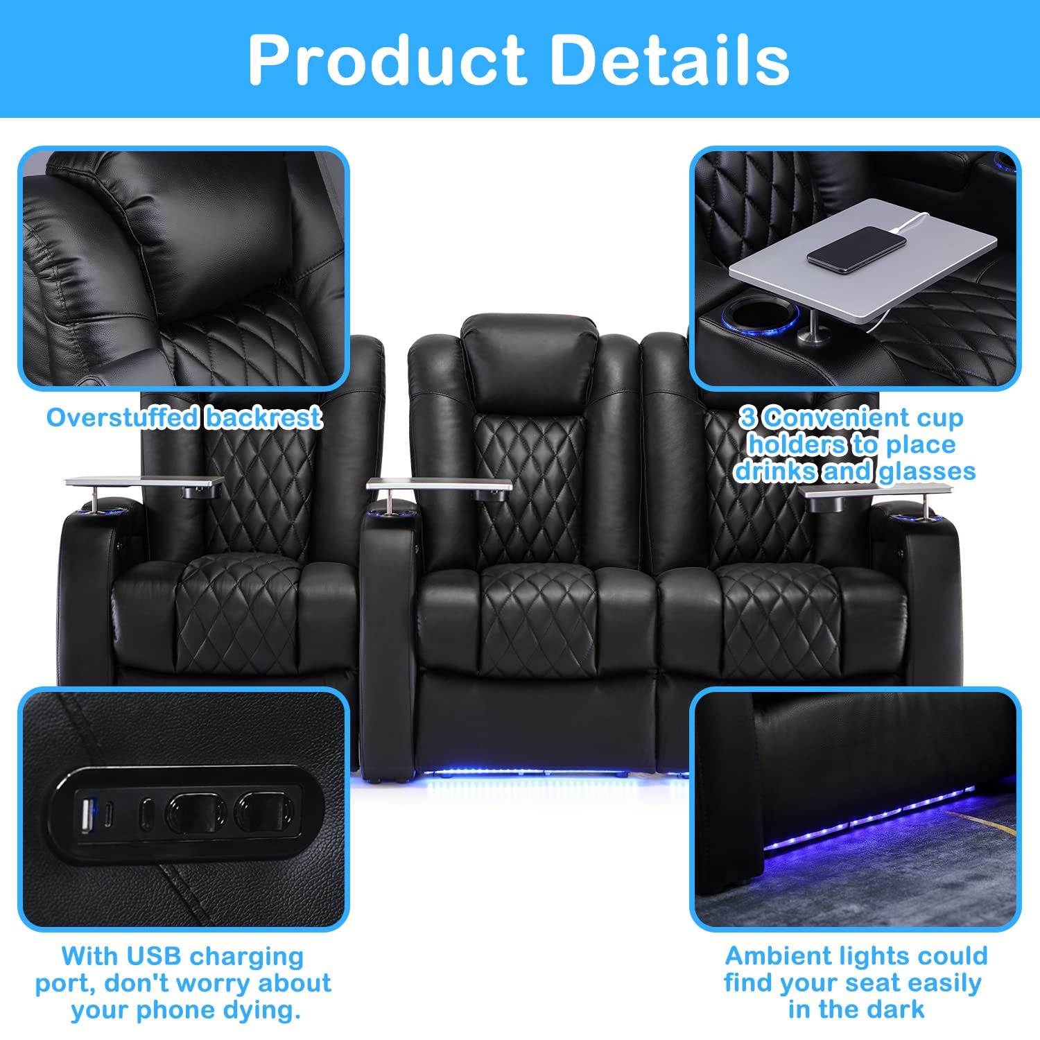 Weilianda Home Theater Seating Top Grain Leather Loveseat Recliner Chair Dual Power Movie Gaming Sofa Electric Headrest with Tray Table Type-C USB Charge (Row of 3 Loveseat Right, Black)…