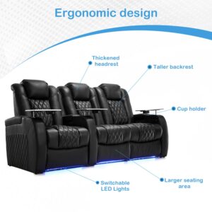 Weilianda Home Theater Seating Top Grain Leather Loveseat Recliner Chair Dual Power Movie Gaming Sofa Electric Headrest with Tray Table Type-C USB Charge (Row of 3 Loveseat Right, Black)…