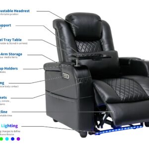 Airadlis Home Theater Seating Seats, Game Movie Theater Chairs Theater Recliner Sofa with 7 Colors Ambient Lighting, Lumbar Pillow, Side Pocket, Tray Table, Power Recline, Black