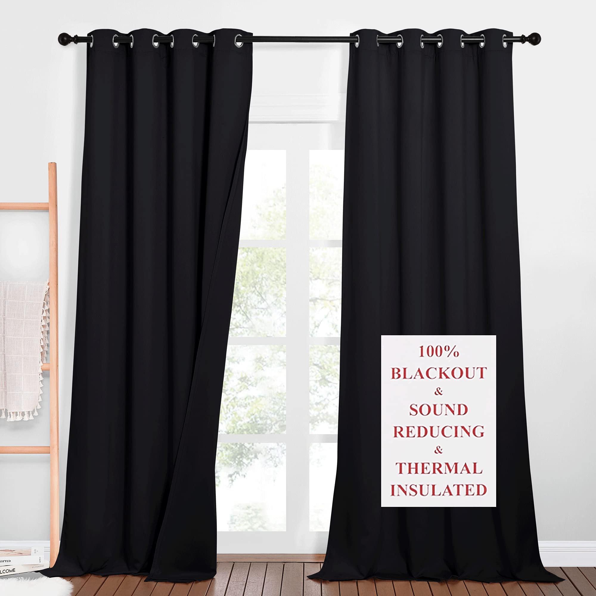 NICETOWN Neighbors Noise, Light & Thermal Blocking Blackout Curtains for Theater, Studio, Room Dividers Curtains, Thick & Heavy-Duty Drapes for Necessary Privacy (52" Wide x 102" Long, Black, 2 PCs)