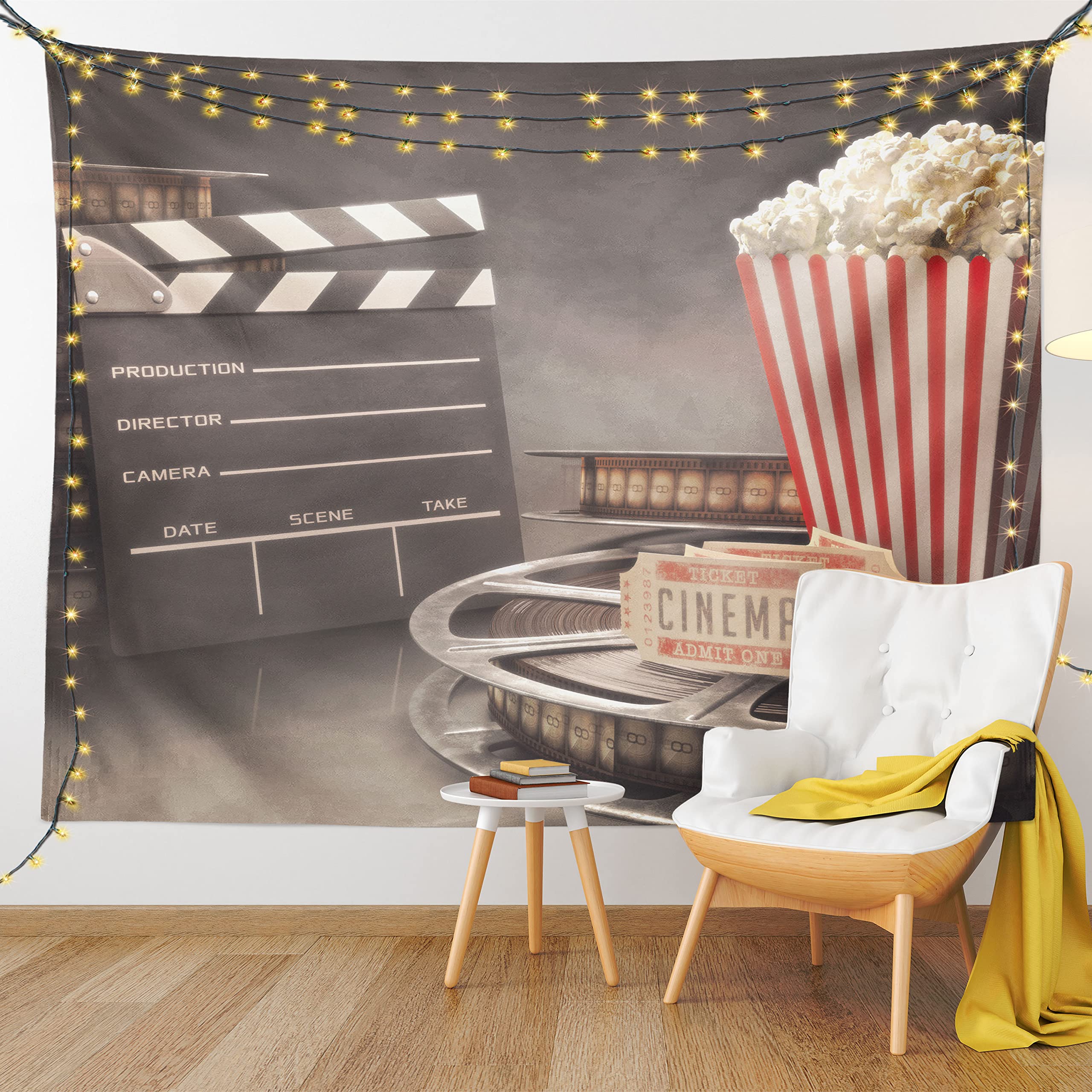 Ambesonne Movie Theater Tapestry, Old Fashion Entertainment Objects Related to Cinema Film Reel Motion Picture, Wide Wall Hanging for Bedroom Living Room Dorm, 80" X 60", Yellow White