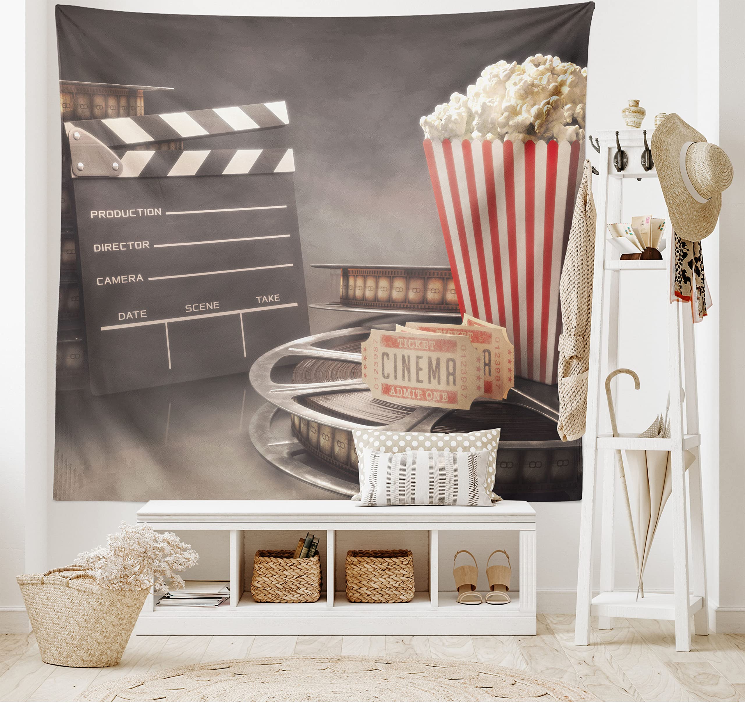 Ambesonne Movie Theater Tapestry, Old Fashion Entertainment Objects Related to Cinema Film Reel Motion Picture, Wide Wall Hanging for Bedroom Living Room Dorm, 80" X 60", Yellow White