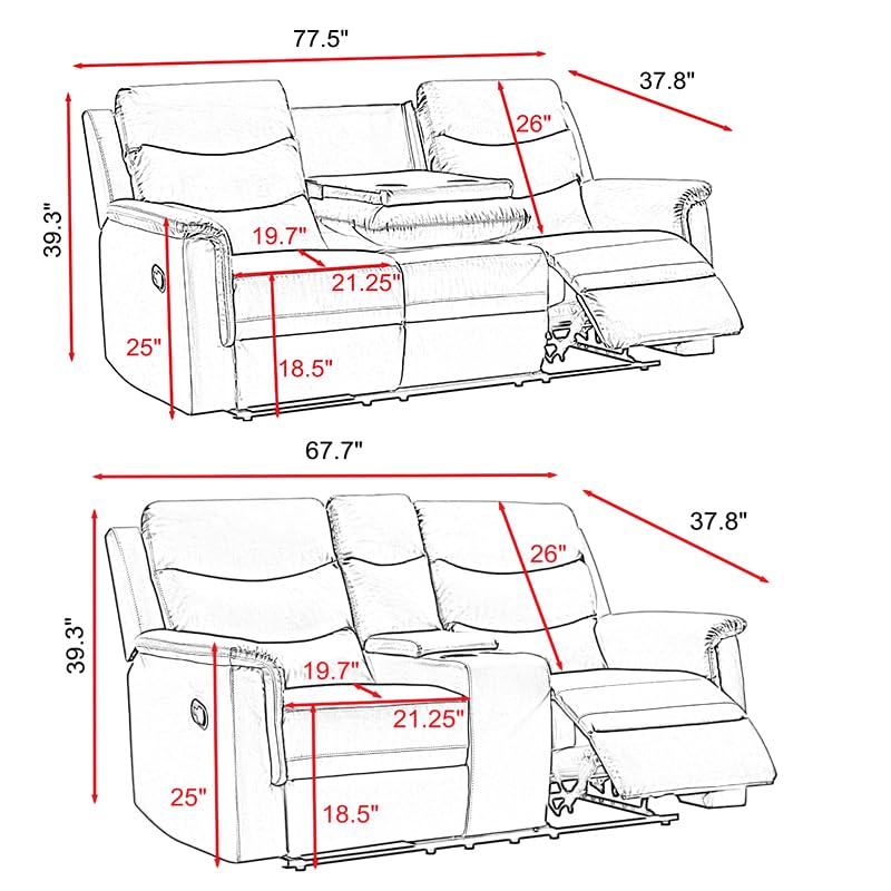 Verfur 2 Pieces Sets for Living Room,Manual Reclining 3 Seater Couch and Loveseat with Center Console and 4 Cupholders, PU Leather Home Theater Seating Motion Sofa & Couces RV Furniture, Grey