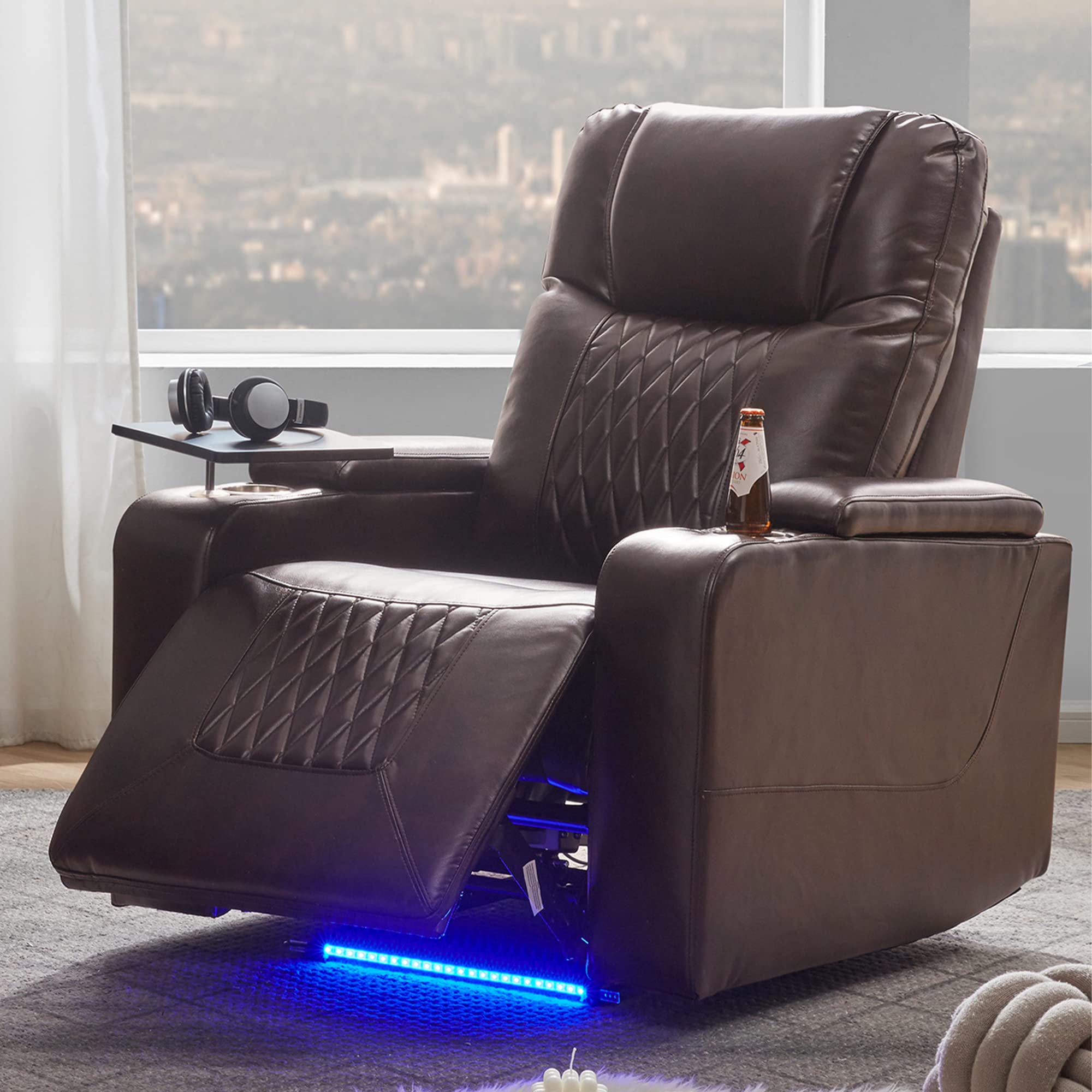 Merax Electric Recliner Chair with USB Charge Port, 360 Swivel Tray Table, Hand in-Arm Storage, and Cup Holders, Ambient Lighting - Ambient Lighting Gaming Recliner Chair Home Theater Seating(Brown)