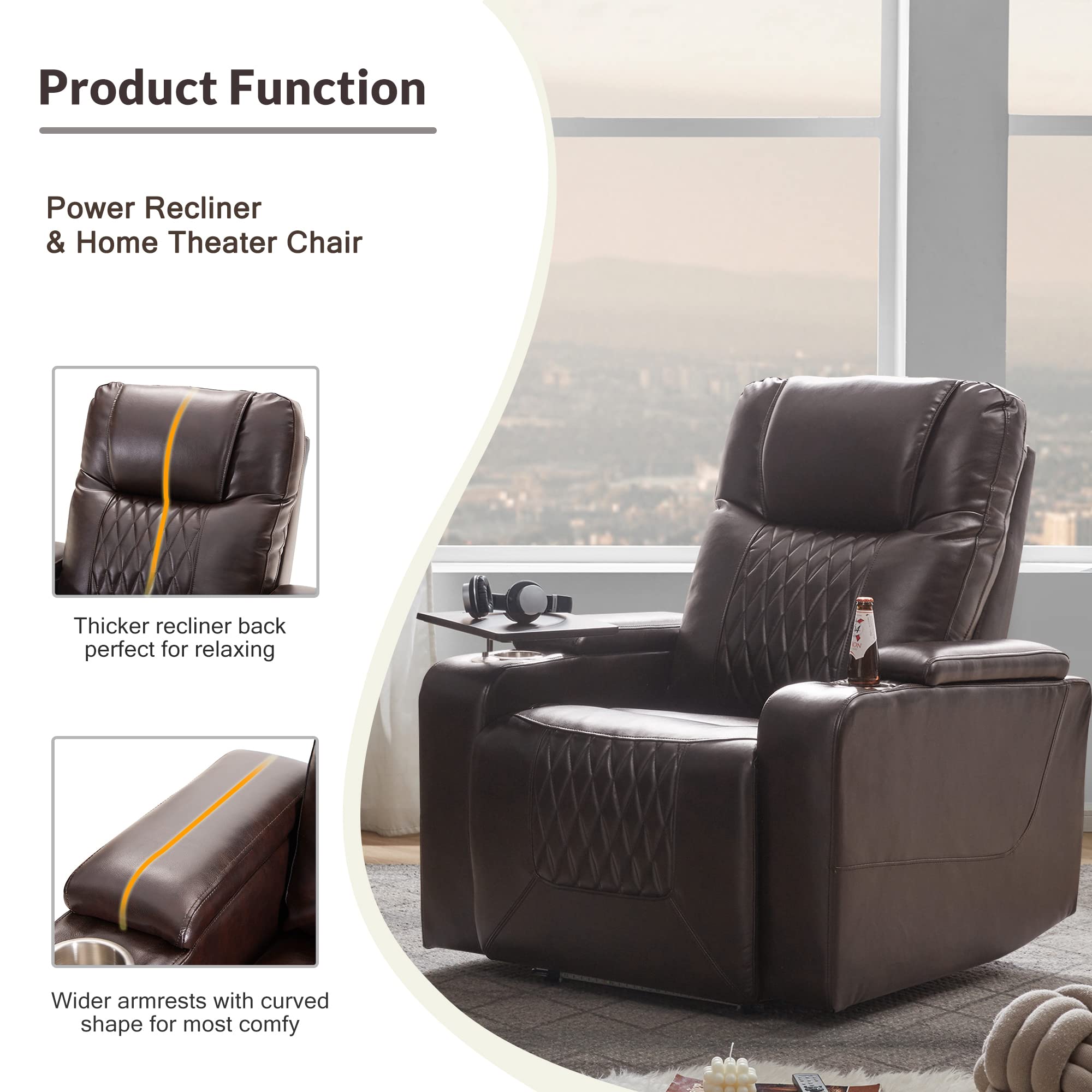 Merax Electric Recliner Chair with USB Charge Port, 360 Swivel Tray Table, Hand in-Arm Storage, and Cup Holders, Ambient Lighting - Ambient Lighting Gaming Recliner Chair Home Theater Seating(Brown)