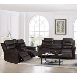 Verfur 2 Pieces Faxu Leather Sofa, 3 Seater Manual Reclining Motion Couch and Loveseat with Storage Console & Cup Holders for Living Room/Office/RV Theater Seating Furniture Set, Brown