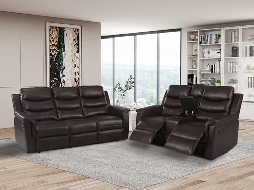 Verfur 2 Pieces Faxu Leather Sofa, 3 Seater Manual Reclining Motion Couch and Loveseat with Storage Console & Cup Holders for Living Room/Office/RV Theater Seating Furniture Set, Brown