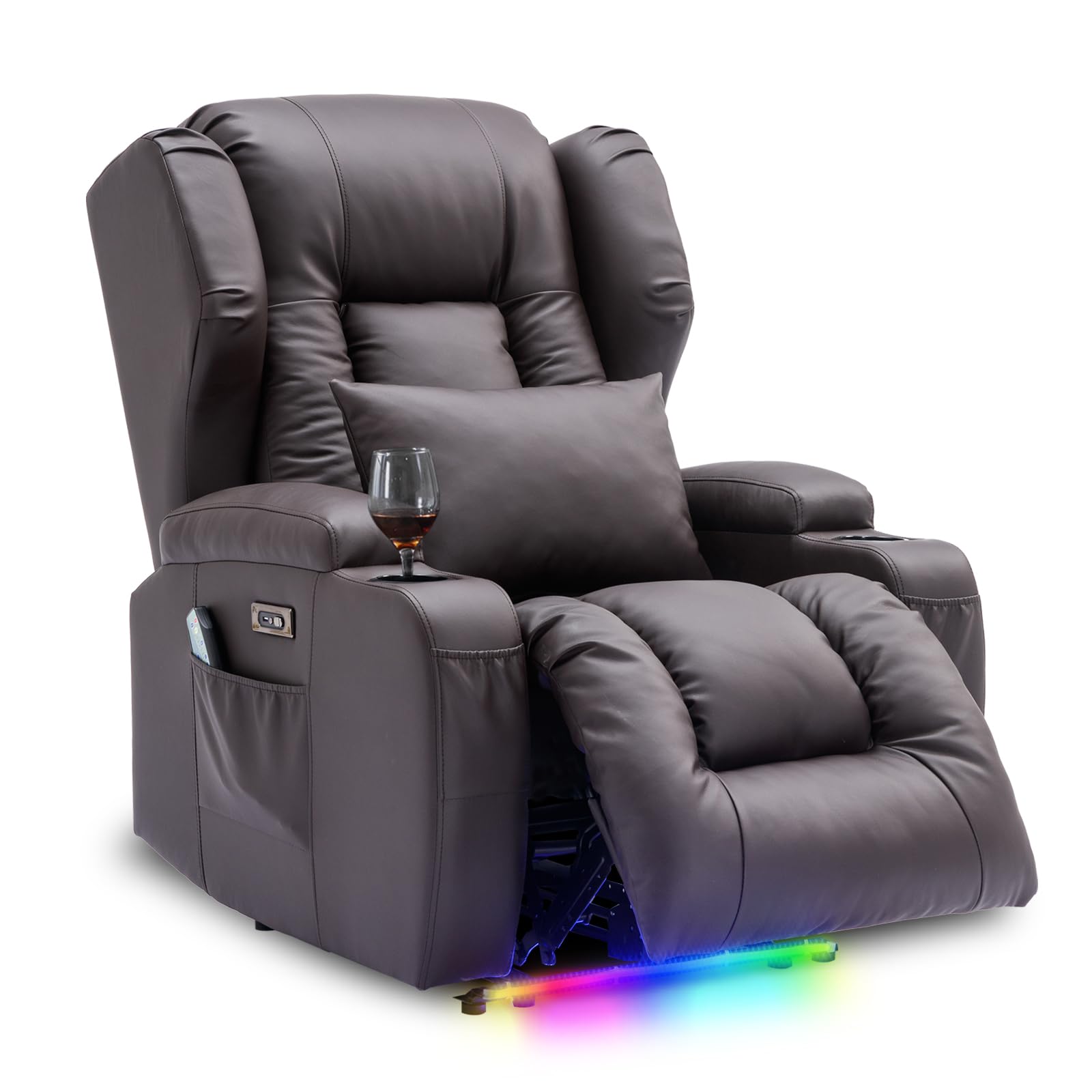 VUYUYU Power Recliner Chair with Heat and Massage, Faux Leather Recliner Sofa Chairs for Living Room Home Theater Seating with Colorful LED Lights/Cup Holders/Side Pocket/USB Port/Infinite Position