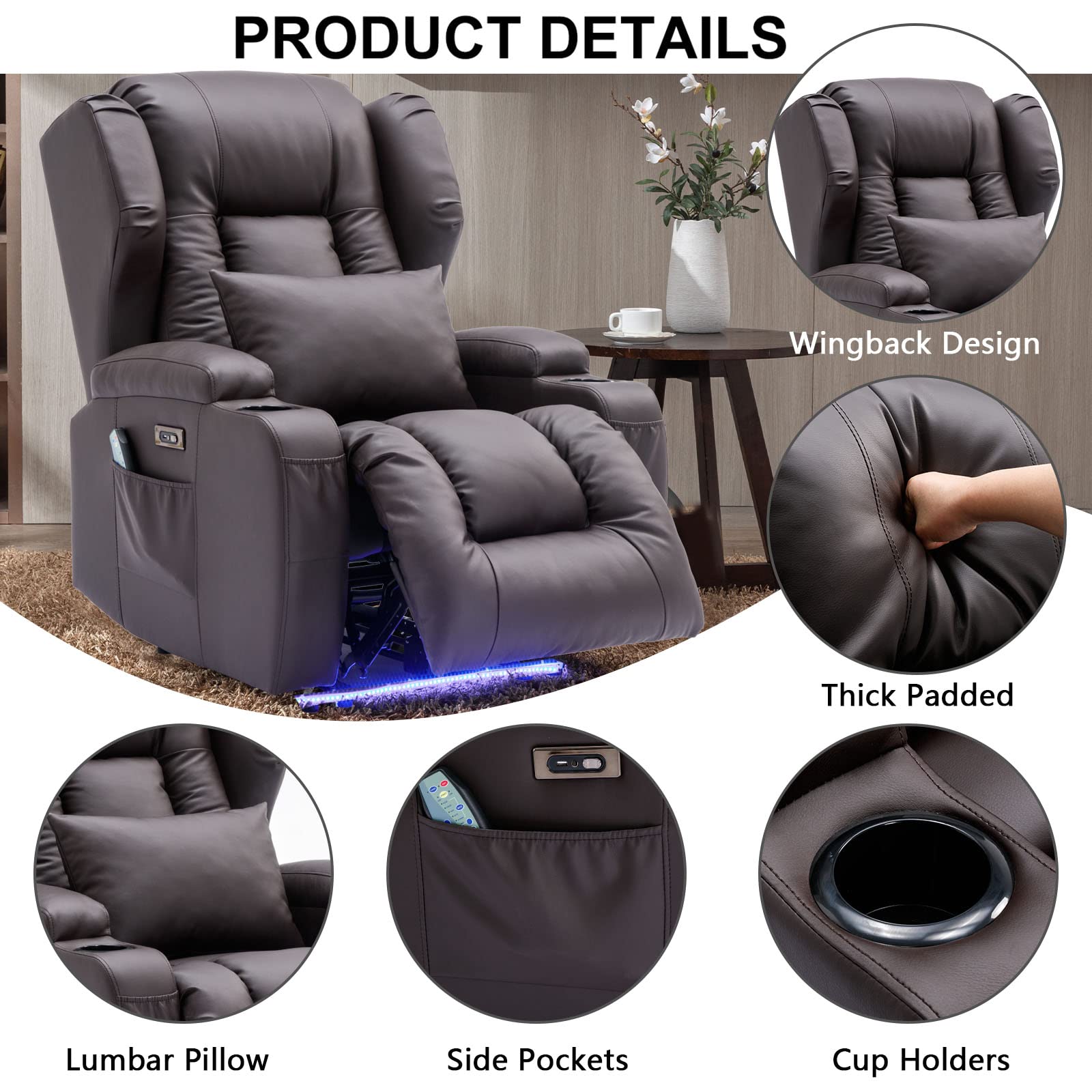 VUYUYU Power Recliner Chair with Heat and Massage, Faux Leather Recliner Sofa Chairs for Living Room Home Theater Seating with Colorful LED Lights/Cup Holders/Side Pocket/USB Port/Infinite Position