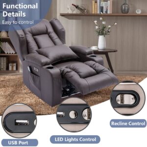 VUYUYU Power Recliner Chair with Heat and Massage, Faux Leather Recliner Sofa Chairs for Living Room Home Theater Seating with Colorful LED Lights/Cup Holders/Side Pocket/USB Port/Infinite Position