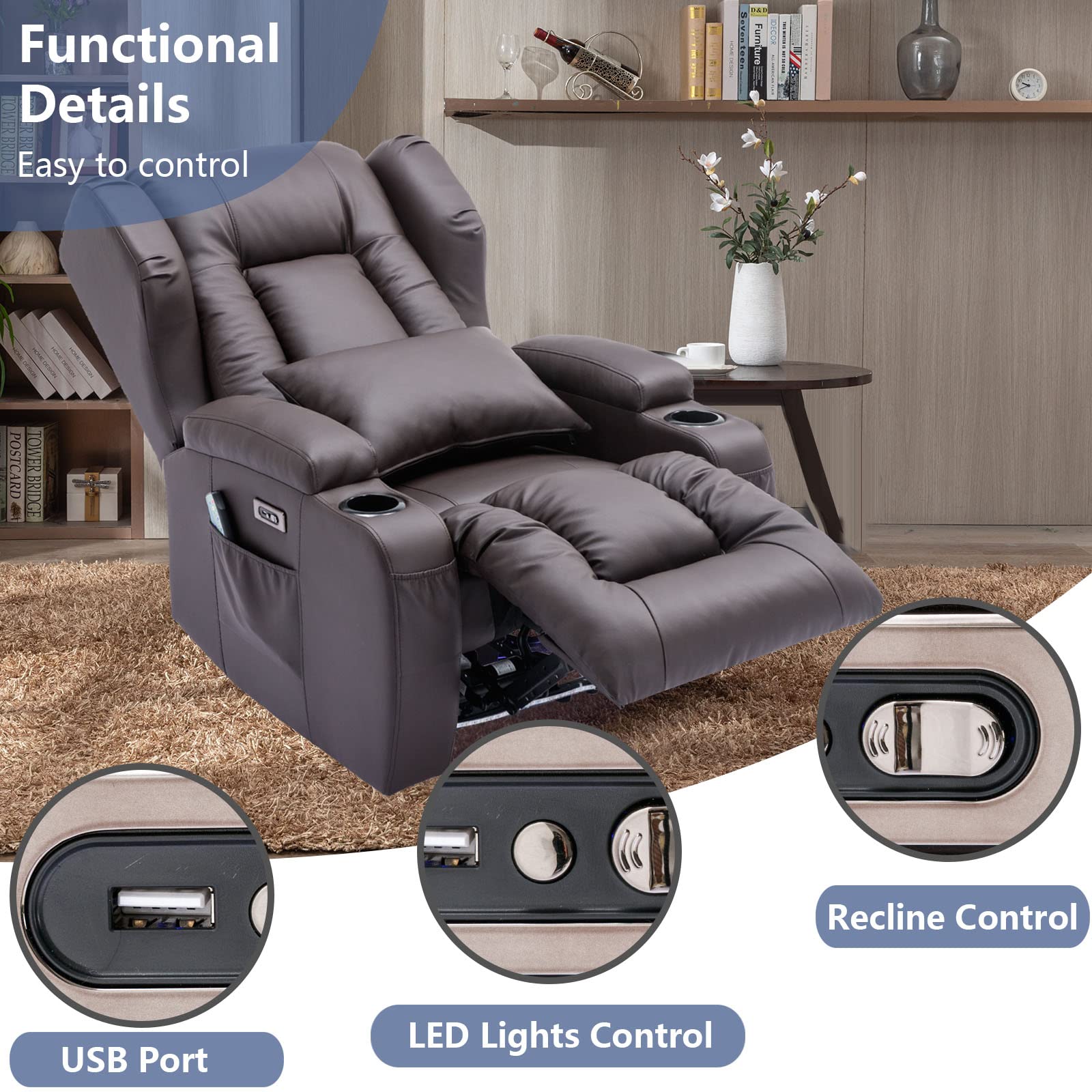 VUYUYU Power Recliner Chair with Heat and Massage, Faux Leather Recliner Sofa Chairs for Living Room Home Theater Seating with Colorful LED Lights/Cup Holders/Side Pocket/USB Port/Infinite Position