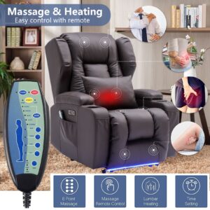 VUYUYU Power Recliner Chair with Heat and Massage, Faux Leather Recliner Sofa Chairs for Living Room Home Theater Seating with Colorful LED Lights/Cup Holders/Side Pocket/USB Port/Infinite Position