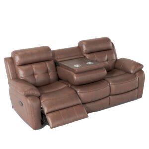 curt genuine leather non-power reclining sofa with drop down table, cup holders & magazine bag, upholstered seat, 3-seat dual recliner chair for home theater living room office, brown,bojatu