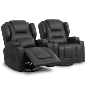 VUYUYU Manual Recliner Chair, Faux Leather 360 Degree Swivel Rocker Recliner Chairs for Living Room, Home Theater Single Sofa Seat with Drink Holders/Lumbar Pillow/Side Pockets (Black Set of 2)