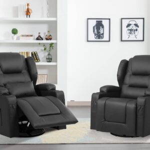 VUYUYU Manual Recliner Chair, Faux Leather 360 Degree Swivel Rocker Recliner Chairs for Living Room, Home Theater Single Sofa Seat with Drink Holders/Lumbar Pillow/Side Pockets (Black Set of 2)