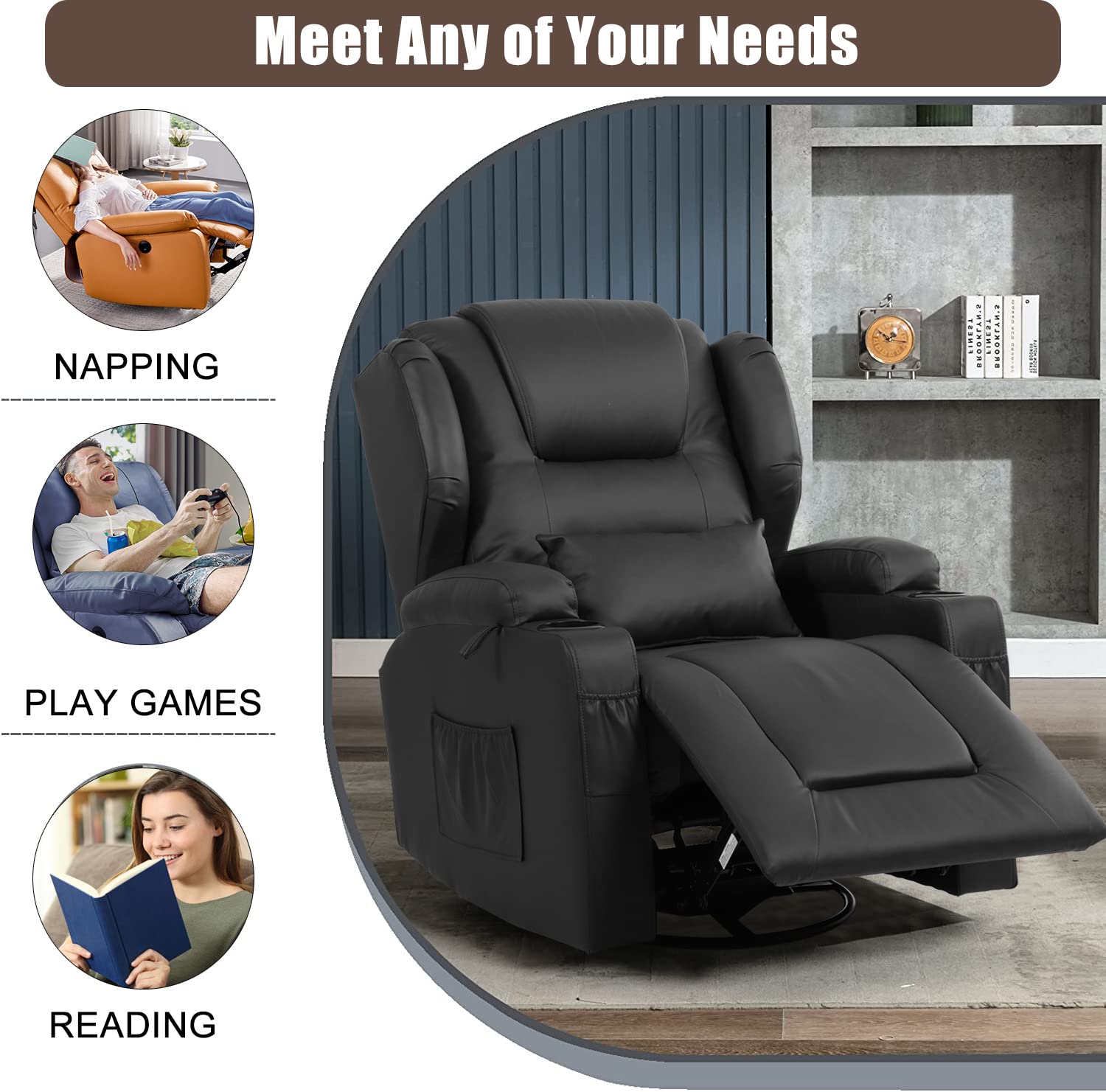 VUYUYU Manual Recliner Chair, Faux Leather 360 Degree Swivel Rocker Recliner Chairs for Living Room, Home Theater Single Sofa Seat with Drink Holders/Lumbar Pillow/Side Pockets (Black Set of 2)