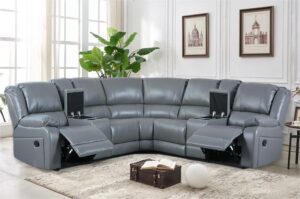 dhhu l shape sectional storge chaise, faux leather manual reclining motion sofas & corner couch with console and 4 cup holders, theater seating furniture for villa home apartment, grey