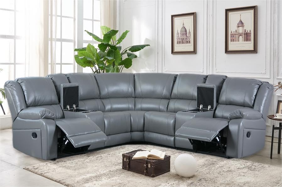 DHHU L Shape Sectional Storge Chaise, Faux Leather Manual Reclining Motion Sofas & Corner Couch with Console and 4 Cup Holders, Theater Seating Furniture for Villa Home Apartment, Grey