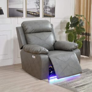 Caberryne Power Recliner Sofa Set with LED Lights，Leather Reclining Chair with USB Port for Living Room Furniture Set,Leather Recliner Chair for House/Home Theater(Chair 1 Piece，Grey)