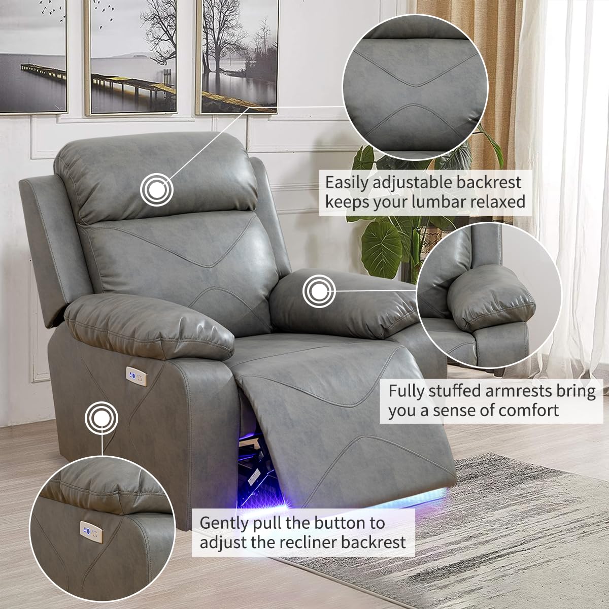 Caberryne Power Recliner Sofa Set with LED Lights，Leather Reclining Chair with USB Port for Living Room Furniture Set,Leather Recliner Chair for House/Home Theater(Chair 1 Piece，Grey)