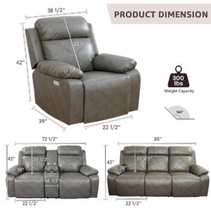 Caberryne Power Recliner Sofa Set with LED Lights，Leather Reclining Chair with USB Port for Living Room Furniture Set,Leather Recliner Chair for House/Home Theater(Chair 1 Piece，Grey)