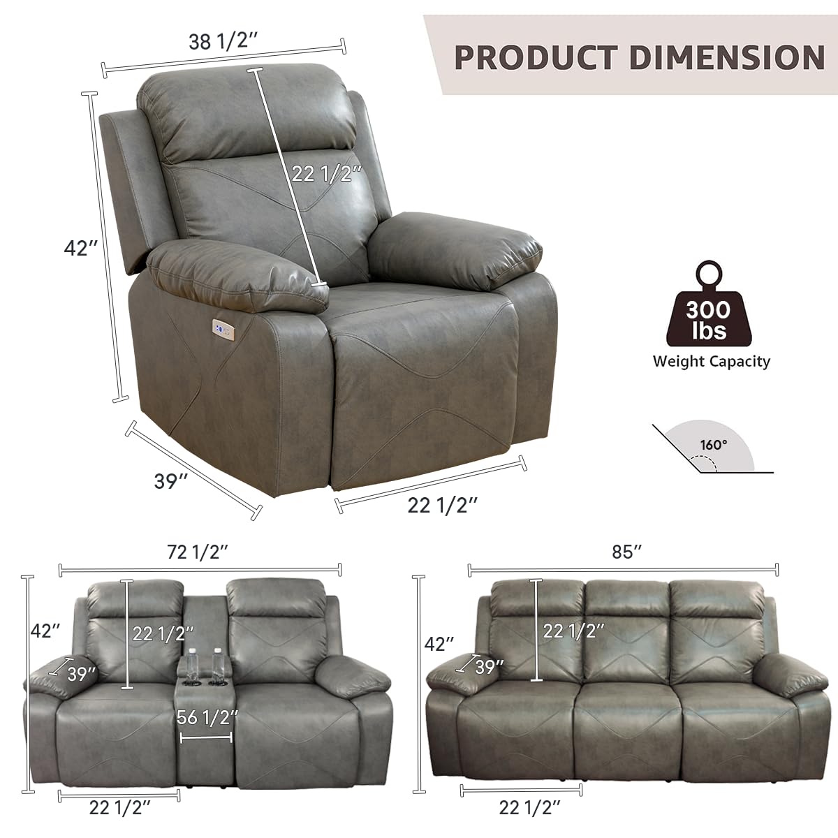 Caberryne Power Recliner Sofa Set with LED Lights，Leather Reclining Chair with USB Port for Living Room Furniture Set,Leather Recliner Chair for House/Home Theater(Chair 1 Piece，Grey)