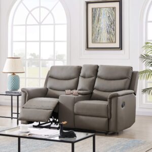 eafurn faxu leather love, manual double reclining loveseat sofa, home theater seating with storage console, wall hug rv couch with cup holders for living room furniture sets, grey